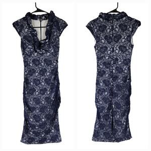 Xscape Lace Midi Dress 4 Women Navy Blue Overlay‎ White Lined Ruched Wedding USA